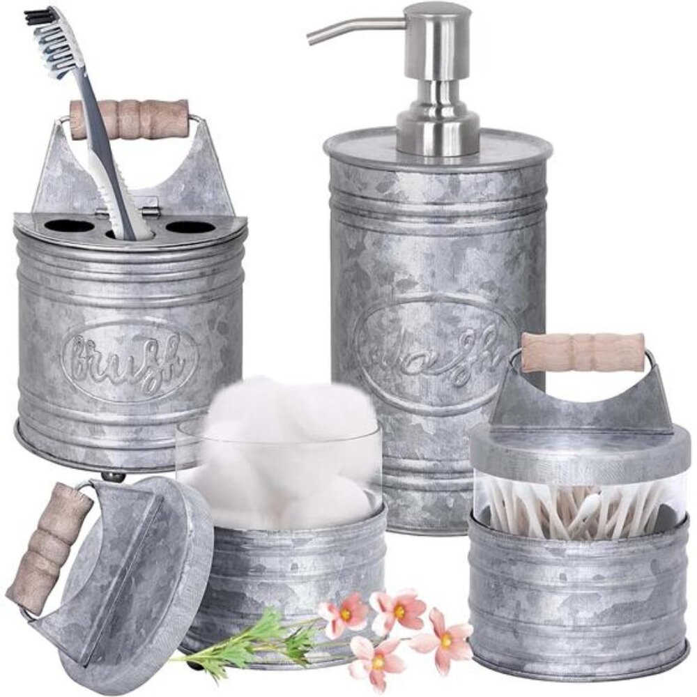 Rustic Bathroom Accessories Set 4 -Galvanized Soap Dispenser, Toothbrush Holder